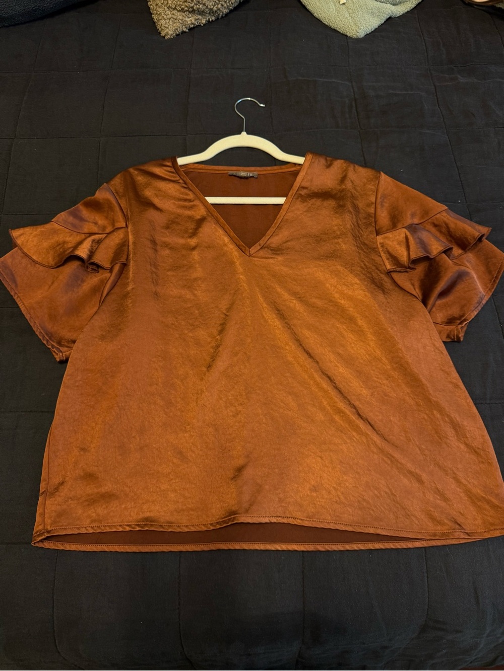 Lilla P Rust Satin V-Neck Top with Ruffle Sleeves